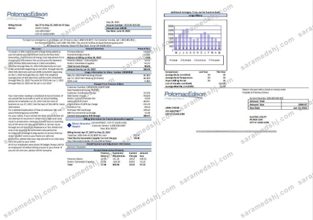 USA Maryland Potomac Edison utility bill, Word and PDF template, 2 pages